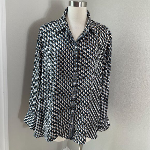 Max Studio Womens Plus 2X Geometric Button Up Blouse Long Sleeve Shirt Top - Picture 1 of 10